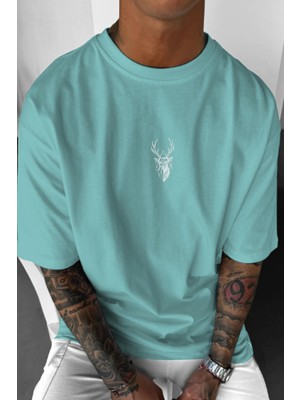 Millionaire Erkek Turkuaz Geyik Baskılı Oversize Fit Bol Geniş Kalıp Salaş Kesim T-Shirt