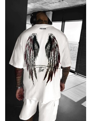 Teenage Millionaire Erkek Ekru Beyaz Freedom Kanat Baskılı Oversize Salaş T-Shirt