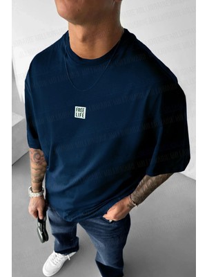 Teenage Millionaire Free Life Erkek Lacivert Oversize Salas T-Shirt Kısa Kol Günlük Tarz İnce Kumaş