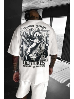 Millionaire Erkek Ekru Beyaz Creatures Oversize Fit Bol Geniş Kalıp Salaş Kesim T-Shirt