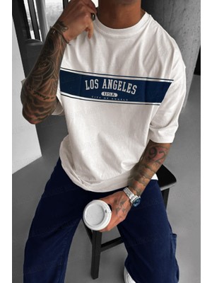 Erkek Ekru Beyaz City Of Angels Oversize Fit Bol Geniş Kalıp Salaş Kesim T-Shirt