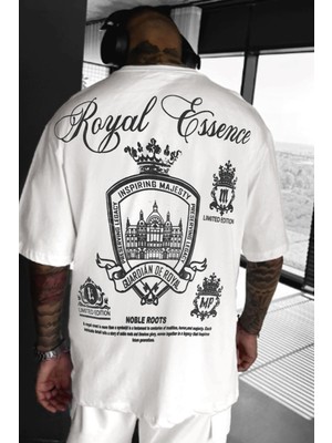 Erkek Ekru Beyaz Royal Essence Oversize Fit Bol Geniş Kalıp Salaş Kesim T-Shirt