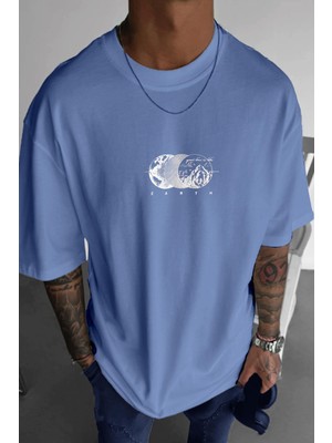 Erkek Mavi Earth Oversize Fit Bol Geniş Kalıp Salaş Kesim T-Shirt