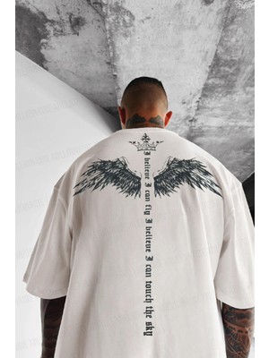 Millionaire Erkek Ekru Beyaz I Can Fly Oversize Fit Bol Geniş Kalıp Salaş Kesim T-Shirt