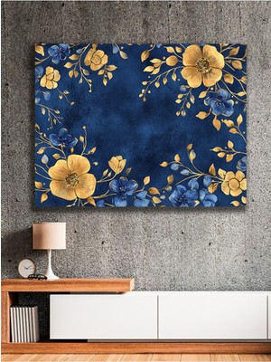 Lacivert Gold Çiçeklerin Uyumu Kanvas Tablo