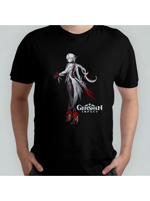 Pixxa Genshin Impact Arlecchino Unisex %100 Pamuklu Bisiklet Yaka T-Shirt