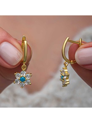 Inure Jewelry Gümüş Mavi Taşlı Gold Çiçek Kadın Küpe