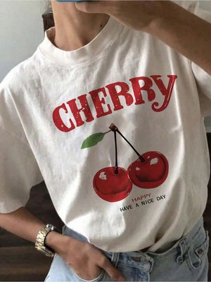 Unisex Happy Cherry Tasarım Basklı Tshirt