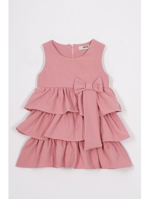Bisiklet Yaka Kısa Kol Kurdele Detaylı Eteği Fırfırlı Sıfır Kol Pudra Renk Kız Çocuk Elbise