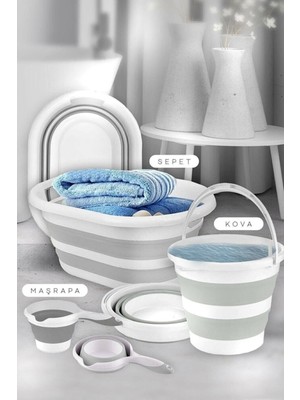 Mediterian Pratik 3'lü Katlanır Sepet ve Kovalar Seti, Beyaz-Gri, 38 L, Plastik
