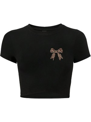 Brz Collection Kadın Leopar Kurdele Crop T-Shirt Siyah
