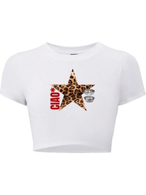 Brz Collection Kadın Ciao Leopar Yıldız Desenli Crop T-Shirt Beyaz