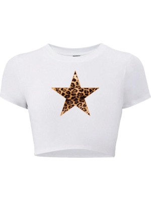Brz Collection Kadın Leopar Yıldız Crop T-Shirt Beyaz