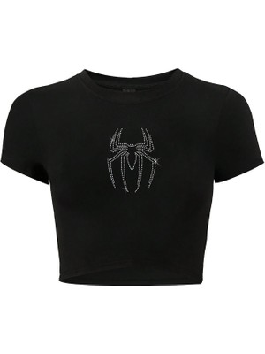 Brz Collection Kadın Kristal Taş Baskılı Spider Crop T-Shirt Siyah