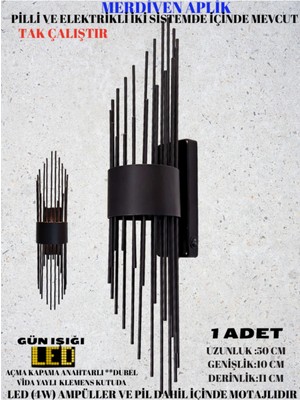 Merdiven Siyah Duvar Aplik, Pilli Aplik, LED Ampullü Duvar Apliği, Tekli Duvar Lambası 1 Adet