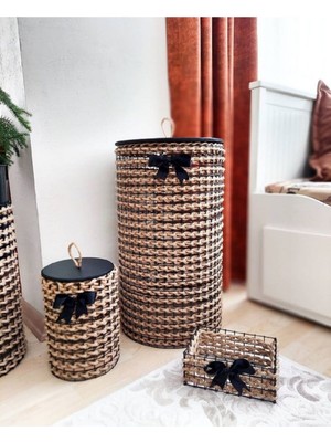 Mediterian El yapımı doğal kahverengi hasır 3’lü dekoratif sepet seti, kapaklı, şık ve kullanışlı