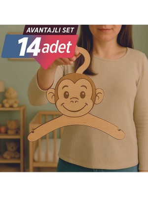 StorHome 14'lü Lazer Kesim Ahşap Maymun Figürlü Bebek Askılığı Bebek Odası Için Doğal, Sevimli ve Dayanıklı