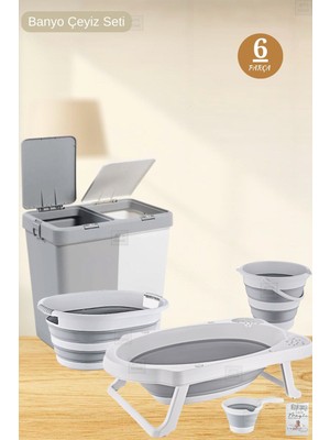 Mediterian Gri Çok Amaçlı Set: Sepet, Kova, Maşrapa ve Bebek Küveti, 80 L