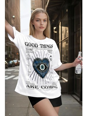 Millionaire Kadın Ekru Beyaz Nazar Baskılı Oversize Fit Bol Geniş Kalıp Salaş Kesim T-Shirt