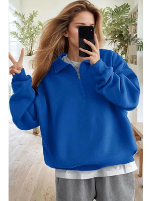 Kadın Mavi Yarım Fermuar Polo Yaka 3 Iplik Içi Polarlı Şardonlu Oversize Sweatshirt
