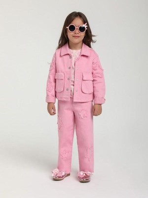 Kız Çocuk Yıldız Işlemeli Cep Detaylı Tasarım Pembe Kot Ceket