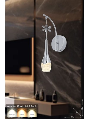Lale Power Ledli Modern Lüks Duvar Aplik (3 Renk Sarı-Beyaz-Gün Işığı) - Krom