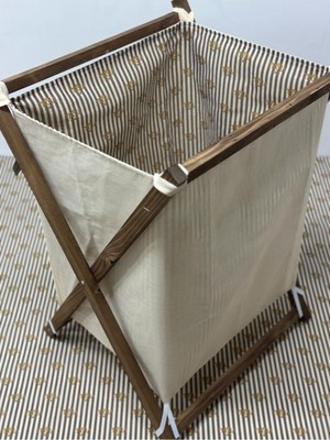 Ahşap Dekoratif Rustik Kirli Çamaşır Sepeti 2 Katlı Çizgili Ceviz