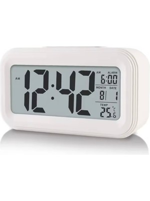 Dijital Masaüstü Çalar Saat Alarm Beyaz, Takvim, Sıcaklık Göstergesi ve LED Ekran