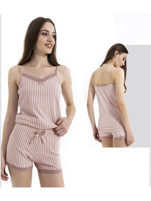 Ince Askılı Şortlu Pamuklu Pijama Takımı Dantel Detaylı