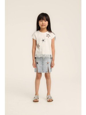 Escabel Kız Bebek Yıldız Baskılı Püsküllü Tshirt Beyaz