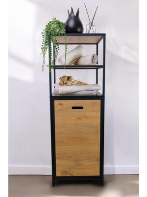 Mediterian Ahşap 3 Raflı Çamaşır Düzenleyici, Kahverengi, Metal Sepetli HMRS-008