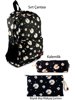 3'lü Set Papatya Desenli Sırt Çantası Kalemlik Makyaj Çantası Büyük Boy Makyaj Çantası