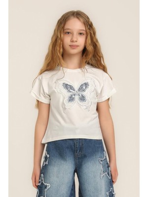 Escabel Kız Çocuk Kelebekli Tshirt Krem