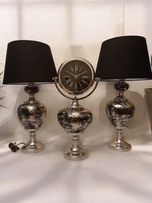 2'li Abajurlu Saatli Set Dekoratif Analog Saat Gümüş