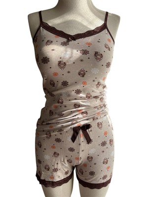 Ince Askılı Şortlu Pamuklu Pijama Takımı Dantel Detaylı