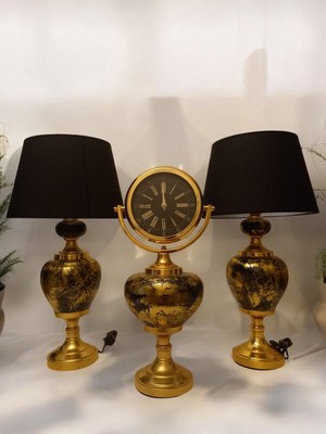 2'li Abajurlu Saatli Set Dekoratif Analog Saat Gold