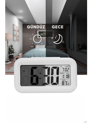 Dijital Alarmlı Çalışma Masası Saati LED Ekran Pilli Çalar Saat Beyaz Renk