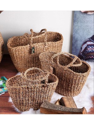 Mediterian Kahverengi 3'lü Hasır Sepet Çanta Seti, şık ve kullanışlı dekoratif tasarım