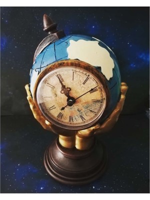 El Üstünde Dünya Şeklinde Mavi Renk  Antik Masa Saati Ev Ofis Dekoru Saat