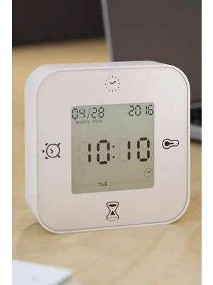 Fonksiyonlu Çalar Saat Masa Saati 7 x 7 cm  Beyaz MD021