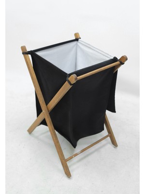 Mediterian Katlanabilir ahşap çamaşır sepeti, siyah kapaklı ve kumaşlı tasarım