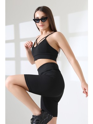 Siyah Fitilli Seamles Çizgili Kısa Şorttayt Yüksek Bel Örme Fitilli Biker Sportayt Toparlayıcı