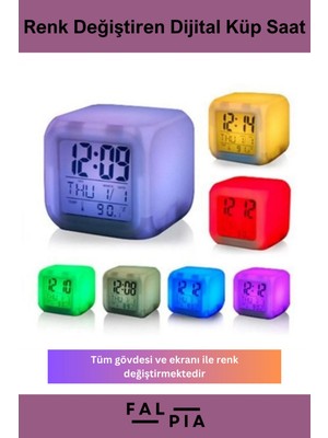 Deluxe Seri Hediyelik Takvimli Hatırlatıcılı 7 Renk Değiştiren Dijital Küp Alarmlı Masa Çalar Saat