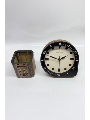 Ahşap Oval Masa Saati ve Kalemlik, Sessiz Akar Mekanizma, Masaüstü Saat, Ofis Hediyesi