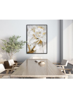 soft| Beyaz-Gold Çiçek Model |çerçeveli Temperli Cam Tablo Tekli Dikey