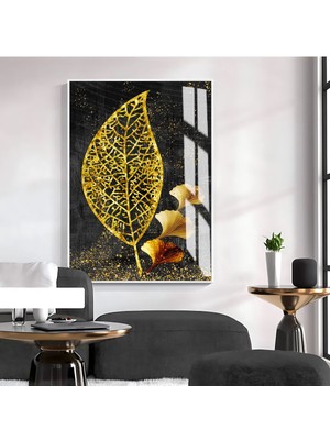 gold-Siyah Yaprak Desenli Model 02 |çerçeveli Temperli Cam Tablo Tekli Dikey