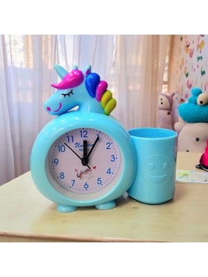 Çocuk Odası Için Unicorn Figürlü Kalemlikli Masa Saati Mavi
