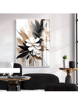 siyah-Bej-Beyaz Çiçek Modeli |çerçeveli Temperli Cam Tablo Tekli Dikey