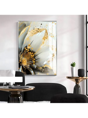 gold-Beyaz Çiçek Desenli Modeli 2|çerçeveli Temperli Cam Tablo Tekli Dikey