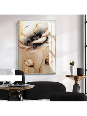 krem Çiçek Desenli Model 01|çerçeveli Temperli Cam Tablo Tekli Dikey